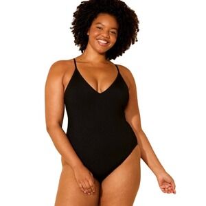 Shade & Shore Ribbed Plunge One Piece Swimsuit Crisscross Back Black Large